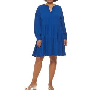 Calvin Klein Blue Tiered Dress Long Sleeve A-Line Peasant Tie Back Sz 14W NWT